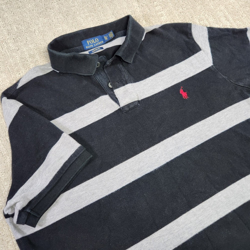 Polo Ralph Lauren Rugby Shirt Men XL Custom Slim Fit Gray Black Chunky Stripe